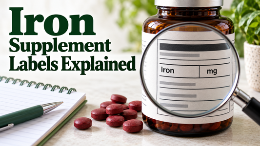 Iron supplement label viewed through a magnifying glass
