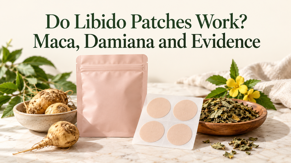A plain rose pouch and patch sheet beside dried botanical roots and leaves