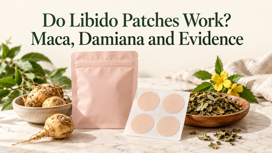 A plain rose pouch and patch sheet beside dried botanical roots and leaves
