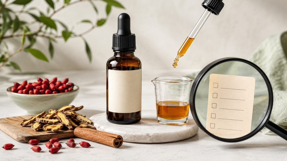 Unbranded liquid supplement dropper beside barberry, cinnamon and a label checklist