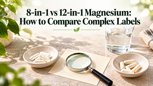 8-in-1 vs 12-in-1 Magnesium: How to Compare Complex Labels — title above an unbranded ingredient and format comparison scene.