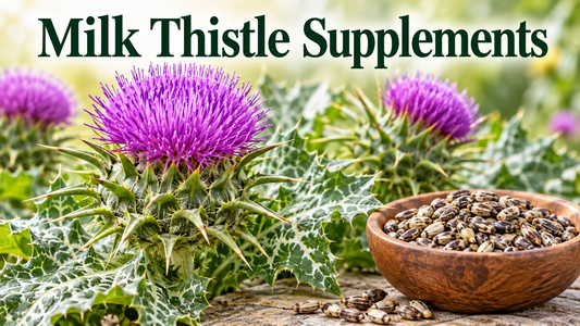 Purple milk thistle flower, spiny leaves and seeds
