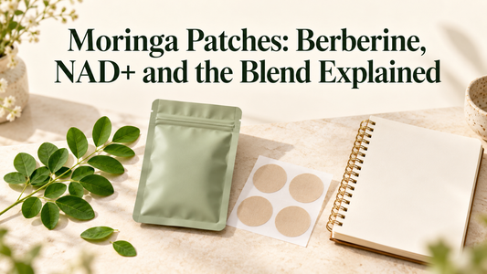 A green leaf sprig, plain pouch and round patch sheet beside a notebook