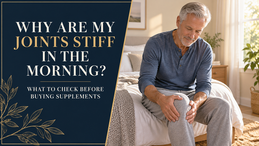 Older adult gently moving a stiff knee in the morning beside a joint supplement buying guide.