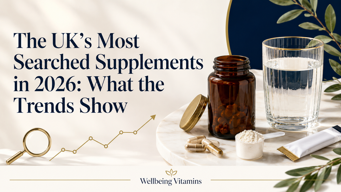 Unbranded supplement capsules, powder and water beside a magnifying glass and upward search-interest line with the article title.