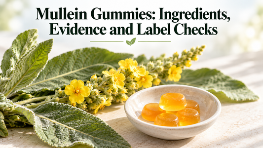 Mullein Gummies: Ingredients, Evidence and Label Checks — title above an unbranded ingredient and format comparison scene.
