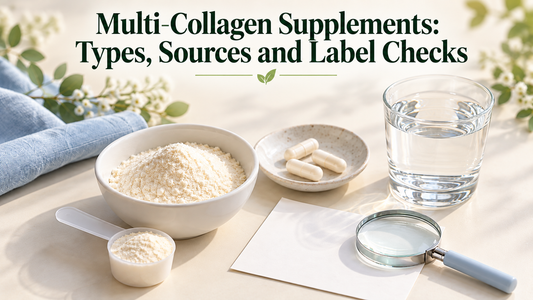 Multi-Collagen Supplements: Types, Sources and Label Checks — title above an unbranded ingredient and format comparison scene.