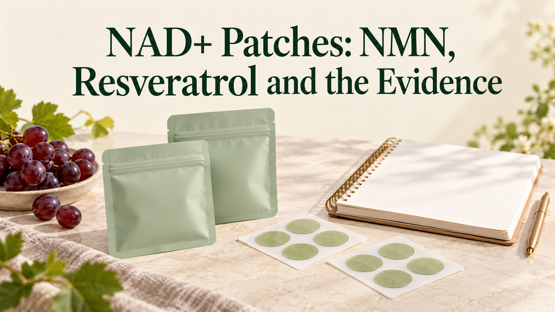Plain sage pouches and patch sheets beside a notebook and purple grapes