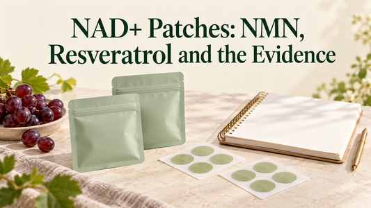 Plain sage pouches and patch sheets beside a notebook and purple grapes