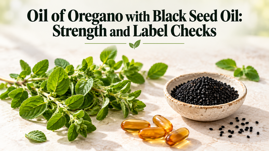 Oil of Oregano with Black Seed Oil: Strength and Label Checks — title above an unbranded ingredient and format comparison scene.