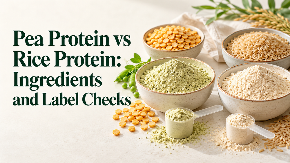 Bowls of split peas and brown rice beside two plain protein powder scoops beneath the article title