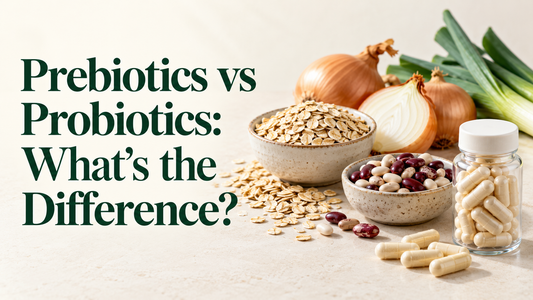 Prebiotic food ingredients and unbranded culture capsules on a cream tabletop beneath the article title