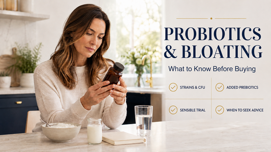 Woman checking a supplement label beside a guide to probiotics and bloating