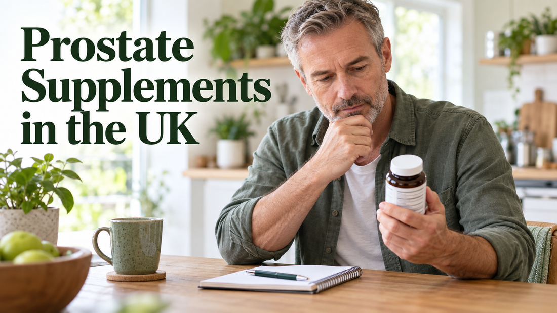Man reading an unbranded prostate supplement label at home