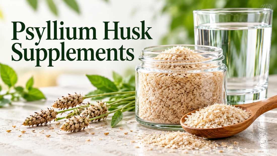 Psyllium husk in a jar and spoon beside a glass of water
