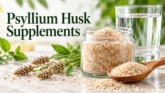 Psyllium husk in a jar and spoon beside a glass of water