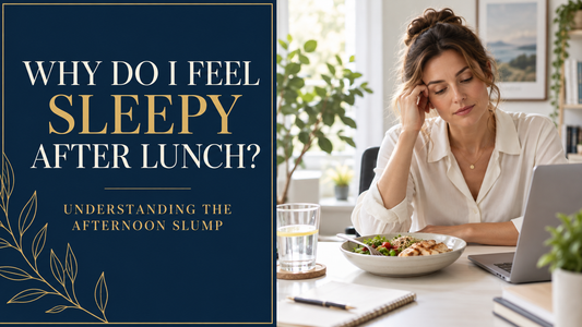 Office worker feeling sleepy after lunch beside the words understanding the afternoon slump