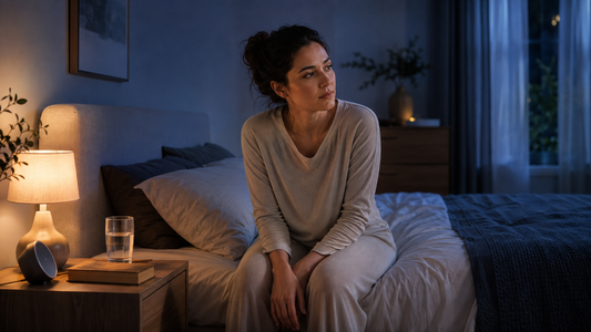 Adult woman sitting awake on the edge of a bed in a softly lit bedroom at night.
