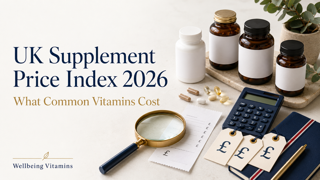 Calculator, price labels and unbranded supplements beneath the title UK Supplement Price Index 2026: What Common Vitamins Cost.