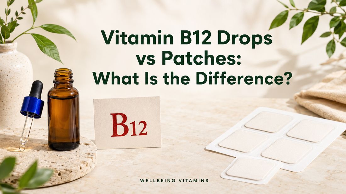 Vitamin B12 drops and white supplement patches displayed beside the article title on a bright natural background.