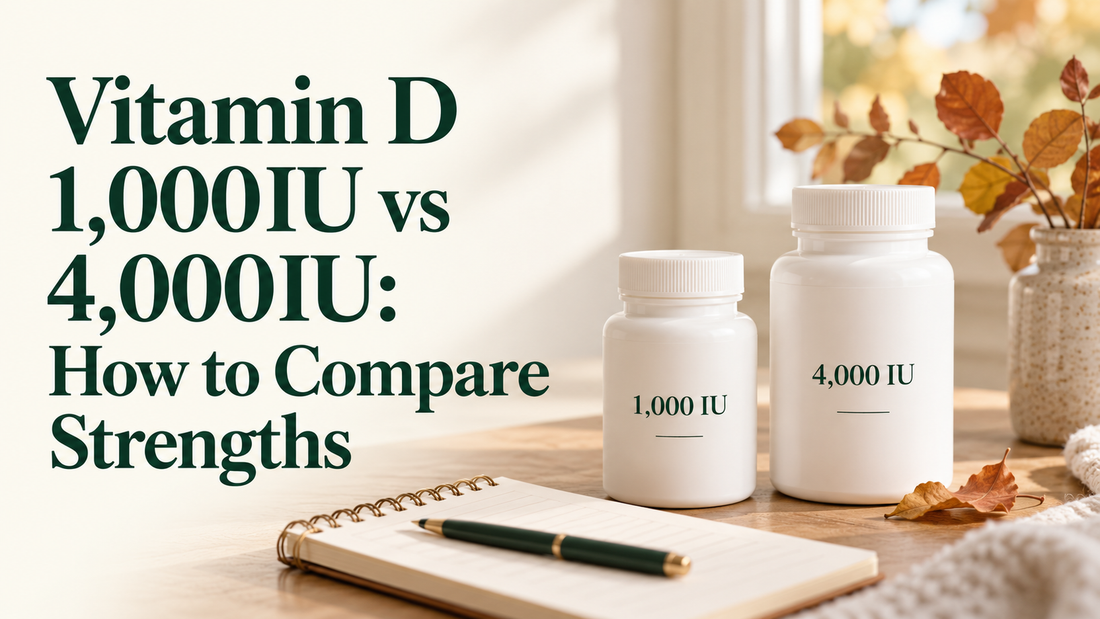 Two unbranded vitamin bottles and a notebook comparing vitamin D strengths beneath the article title
