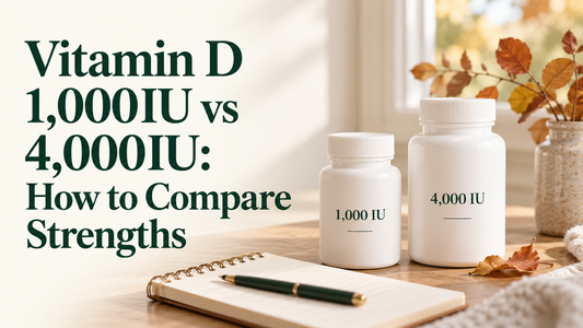 Two unbranded vitamin bottles and a notebook comparing vitamin D strengths beneath the article title