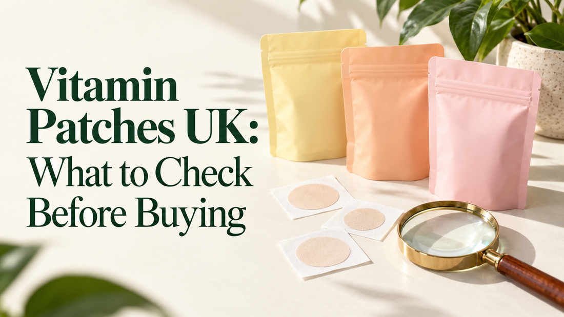 Round adhesive patches, plain pastel pouches and a magnifying glass beneath the article title