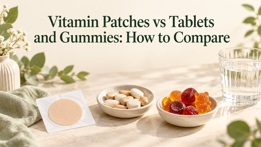 Patch sheet, plain tablets and gummy shapes beside a glass of water