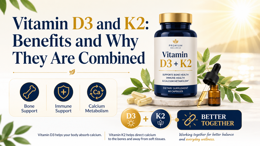 Vitamin D3 and K2 benefits and why they are combined, featuring a supplement bottle with bone, immune and calcium metabolism support icons.