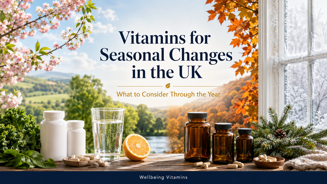 Four-season UK scene with spring blossom, summer sunlight, autumn leaves, winter frost and unbranded vitamin bottles.