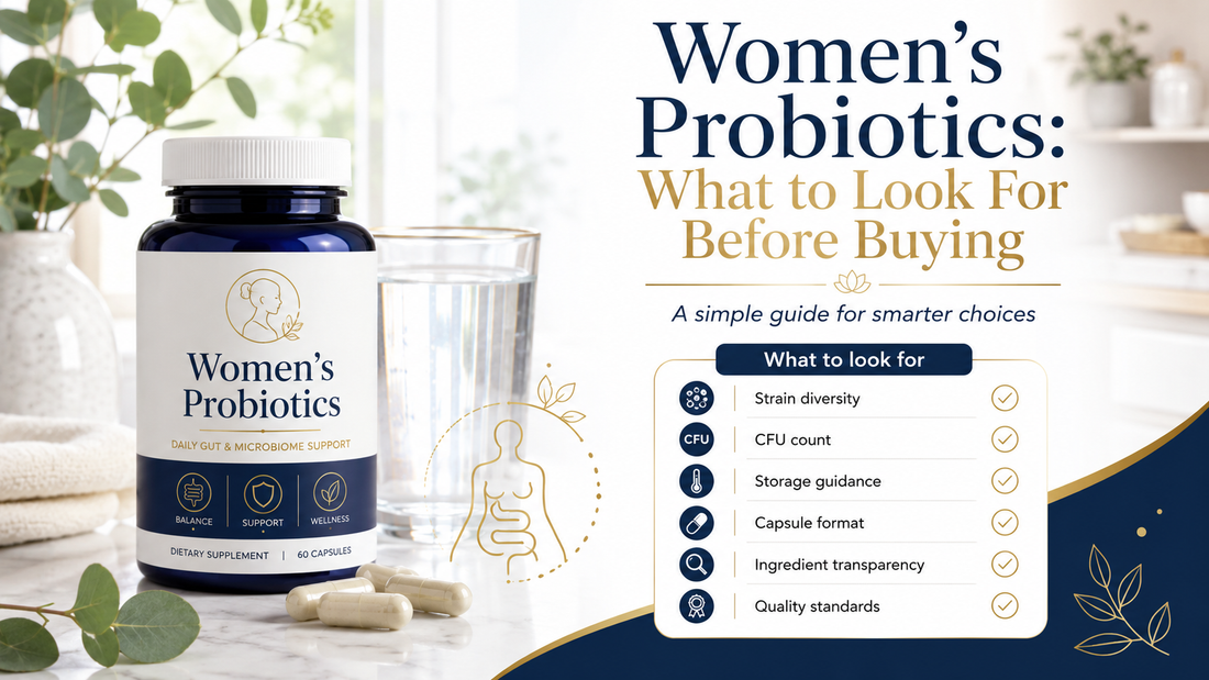 Women’s probiotics buying guide showing a supplement bottle and key checks including strain diversity, CFU count, storage, capsule format, ingredients and quality standards.