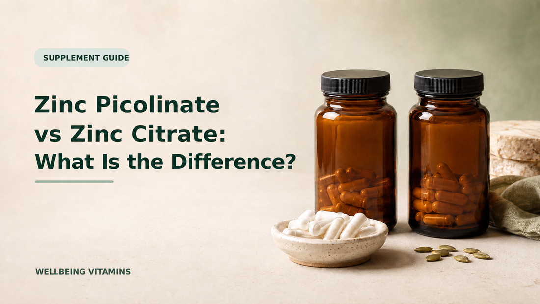 Zinc Picolinate vs Zinc Citrate: What Is the Difference? Supplement guide featuring two unbranded amber bottles and capsules.