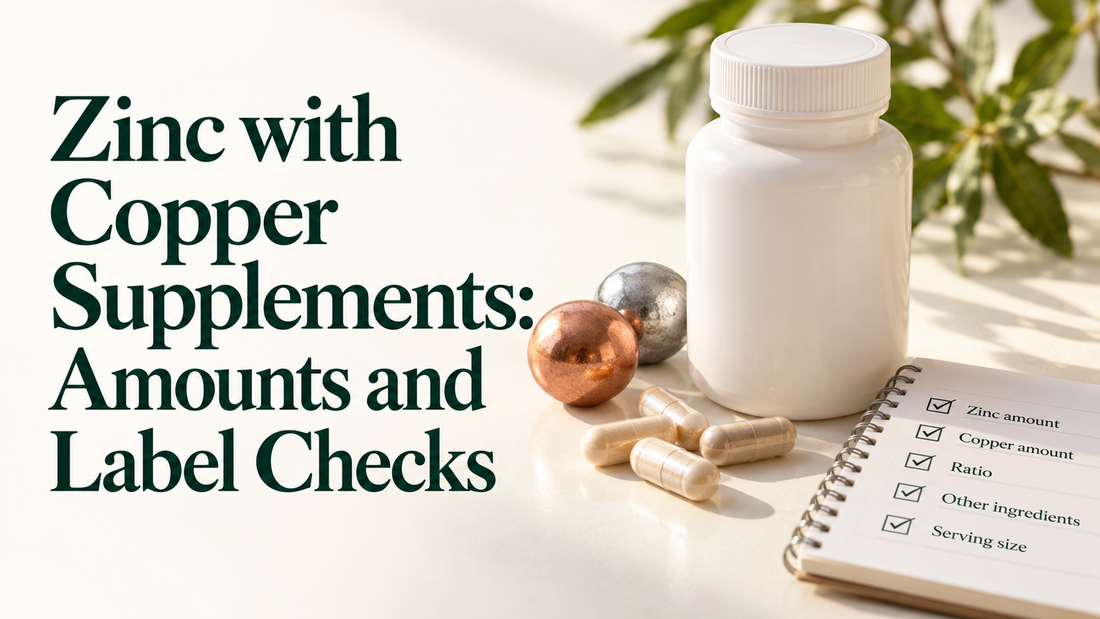 An unbranded capsule bottle and a mineral label checklist on a cream desk beneath the article title