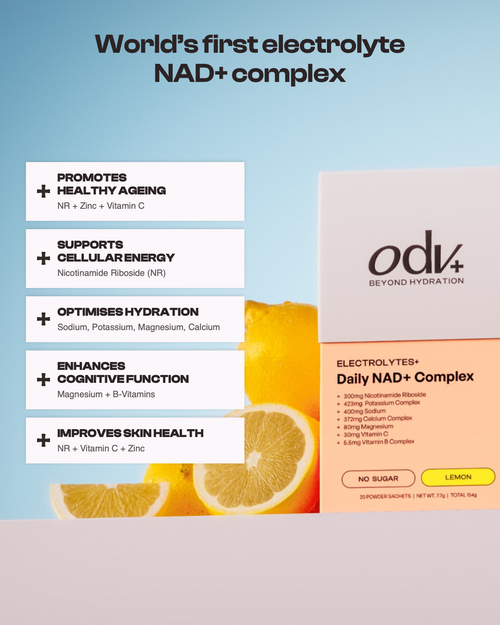 Odv Electrolyte+ NAD⁺ Complex – Electrolyte & NR Sachets – pouch with formula overview
