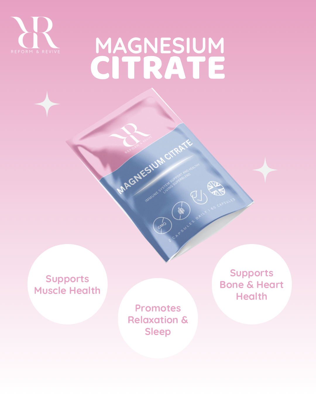 Package of magnesium citrate supplement with RR logo on a pink background