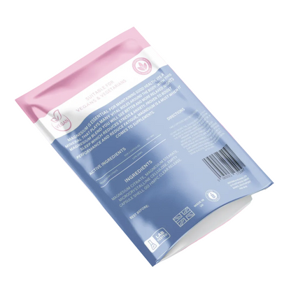 Blue and pink packaging with text and a barcode on a white background