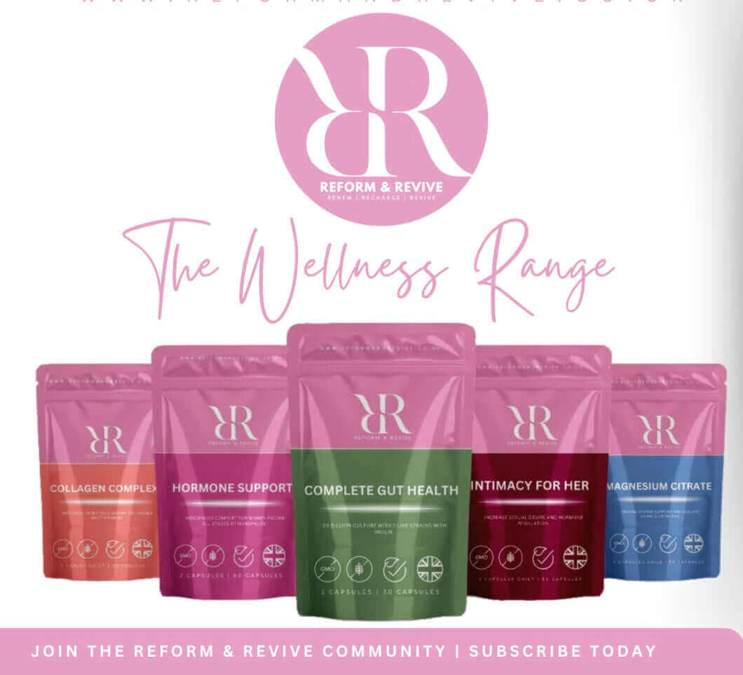 Collection of Reform & Revive wellness product packages on a white background with pink and purple packaging.