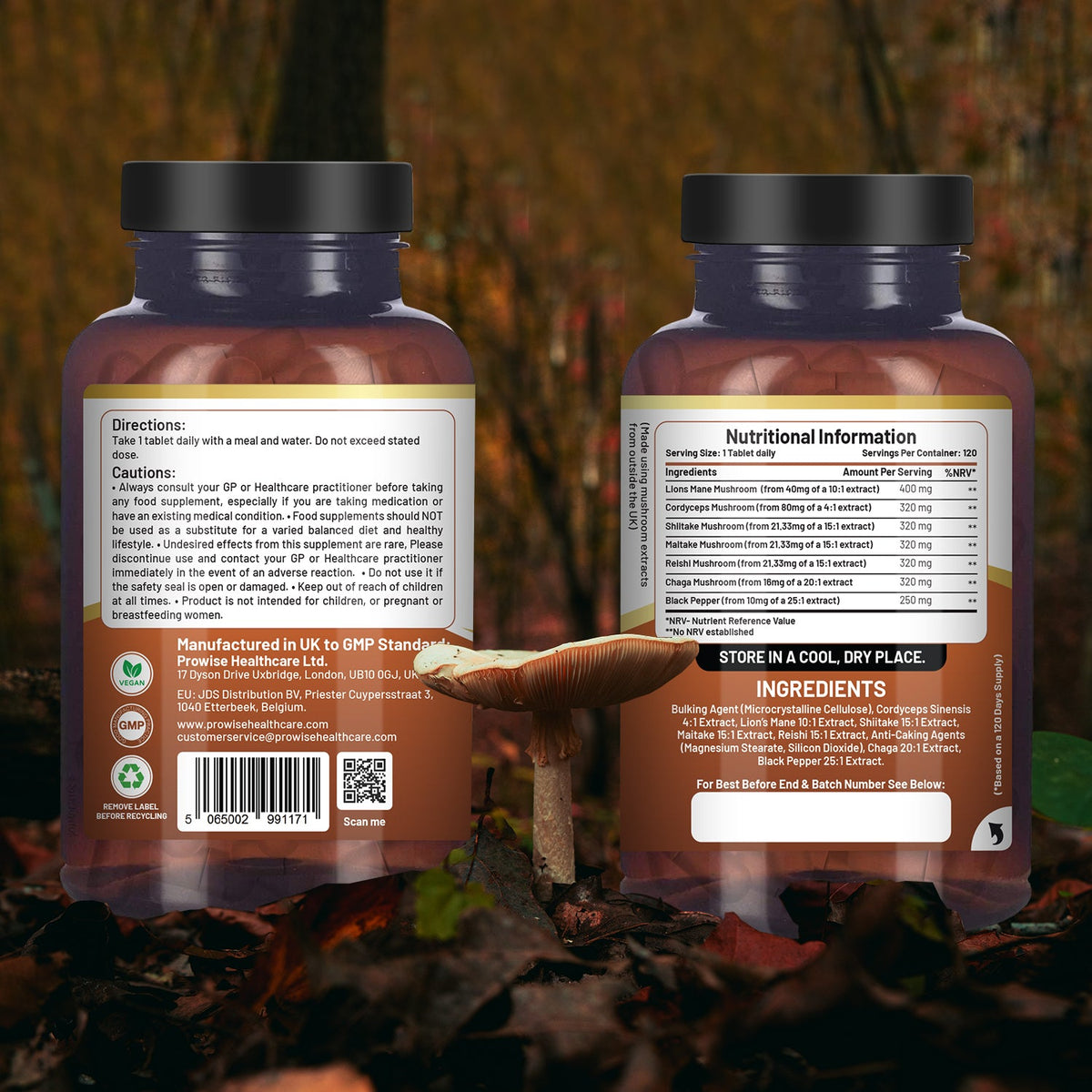 Prowise Advanced Mushroom Complex – 120 Tablets – back labels with extract ratios and serving instructions