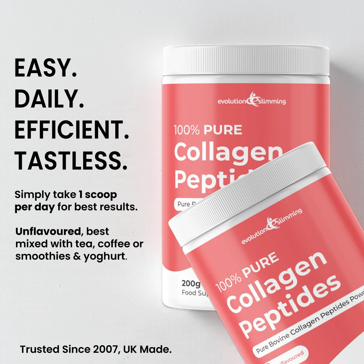 Two tubs of unflavoured collagen powder with one scoop daily mixing guidance