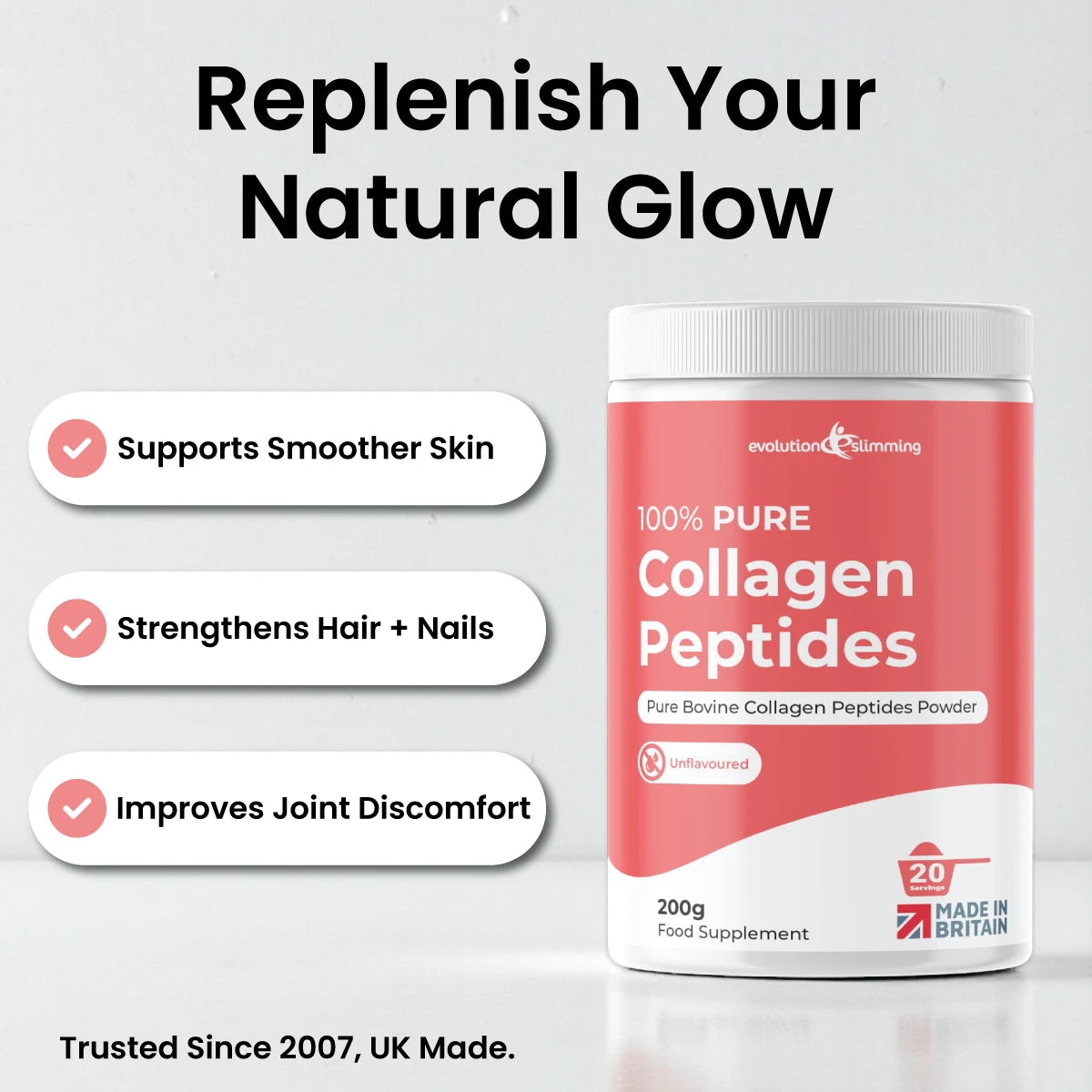 Collagen powder tub with skin, hair, nails and joint support graphic