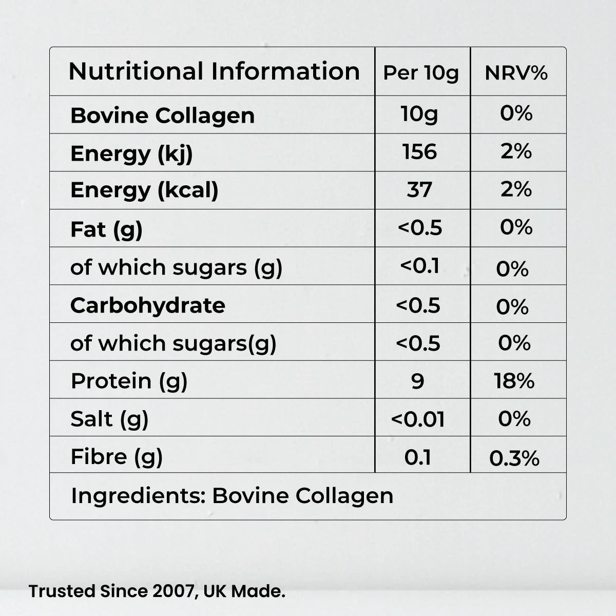 Nutrition table for bovine collagen peptides powder per 10g serving