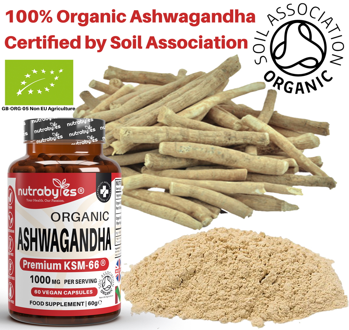 Organic Ashwagandha KSM-66® 1000mg per serving with Black Pepper – 60 Vegan Capsules | NUTRABYTES – 100 Certified Organic product graphic