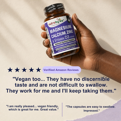 Customer review graphic showing a hand holding NUTRABYTES Magnesium Calcium Zinc and Vitamin D3 capsules