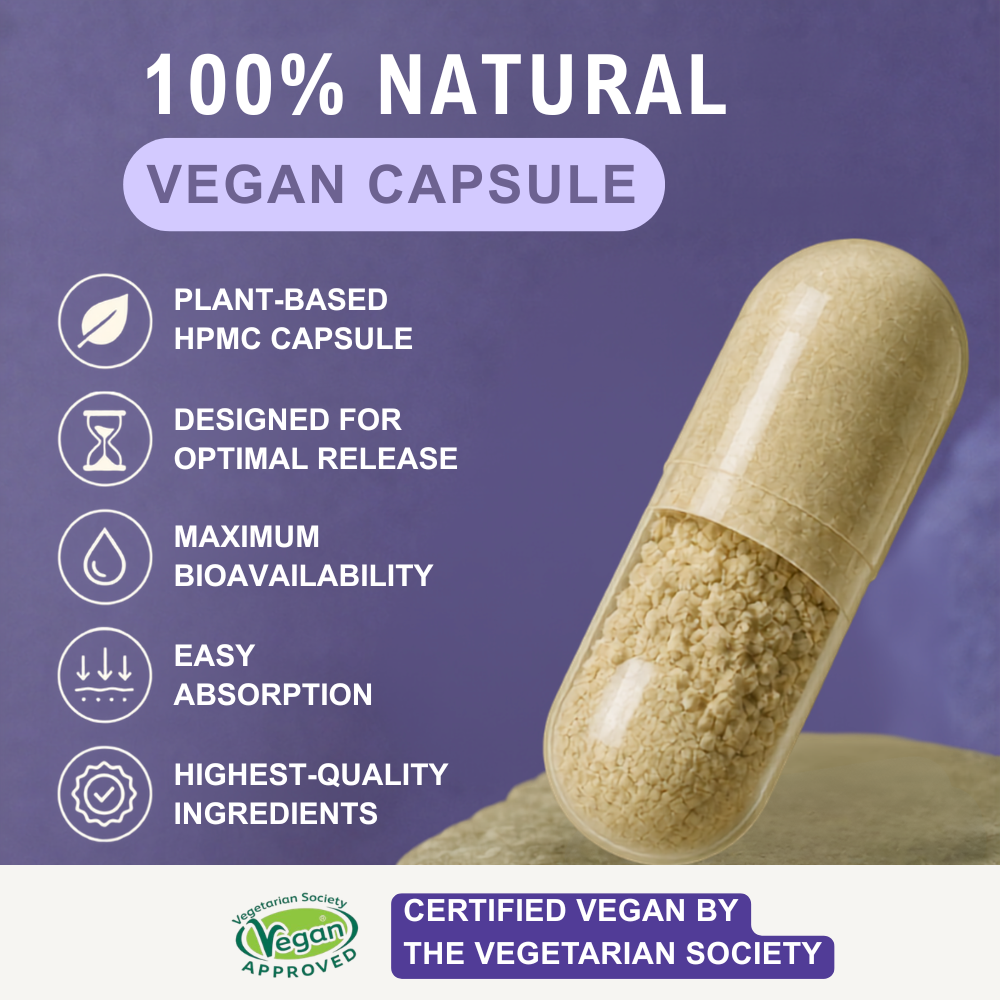 Plant-based HPMC vegan capsule infographic with Vegetarian Society certification