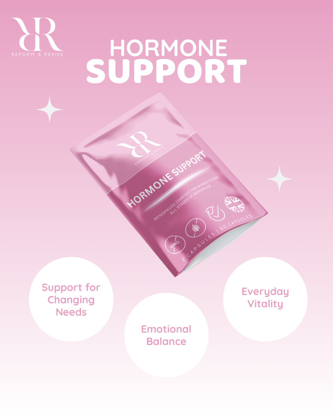 Hormone support product packaging on a pink background with text about benefits.