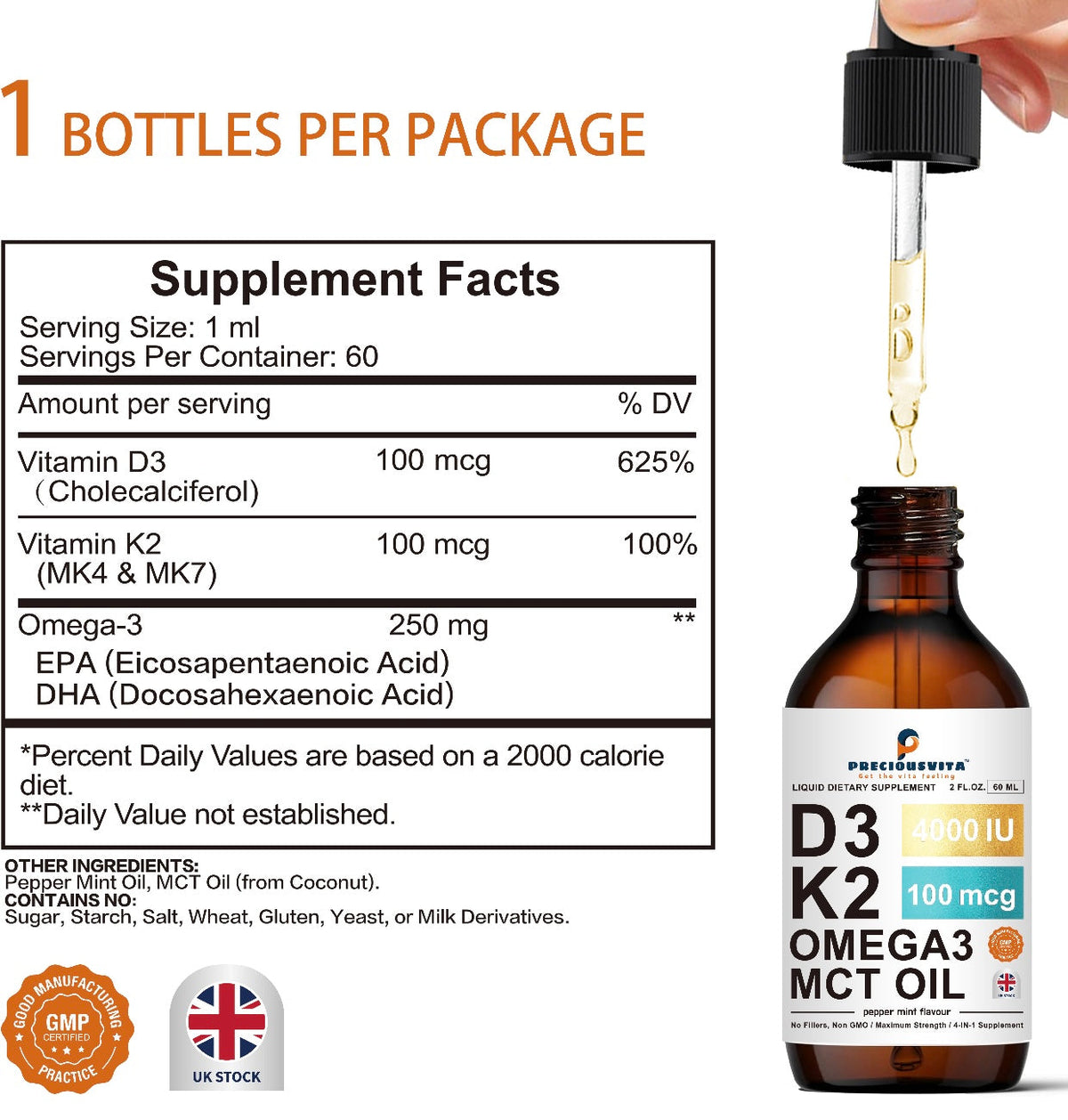 Preciousvita Vitamin D3 4000 IU & K2 Liquid Drops – Peppermint – 60ml