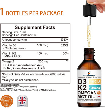 Preciousvita Vitamin D3 4000 IU & K2 Liquid Drops – Peppermint – 60ml