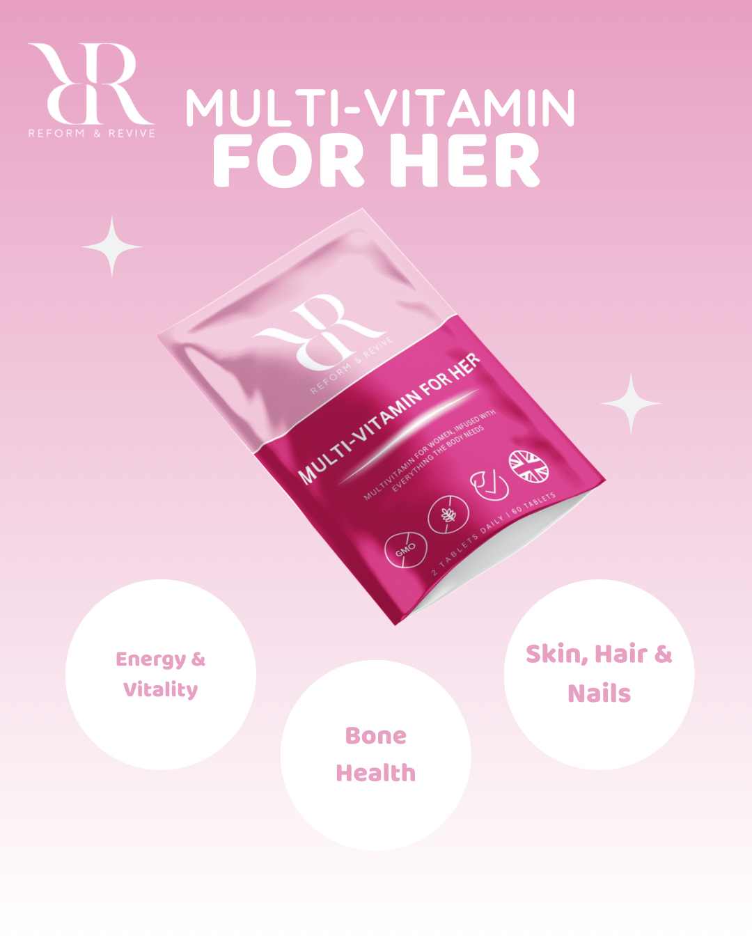 Multi-vitamin package for women on a pink background with RR logo