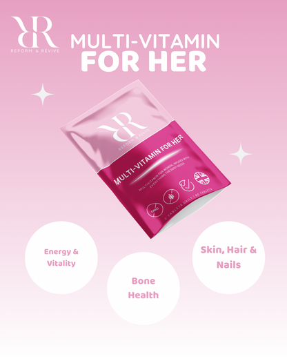 Multi-vitamin package for women on a pink background with RR logo