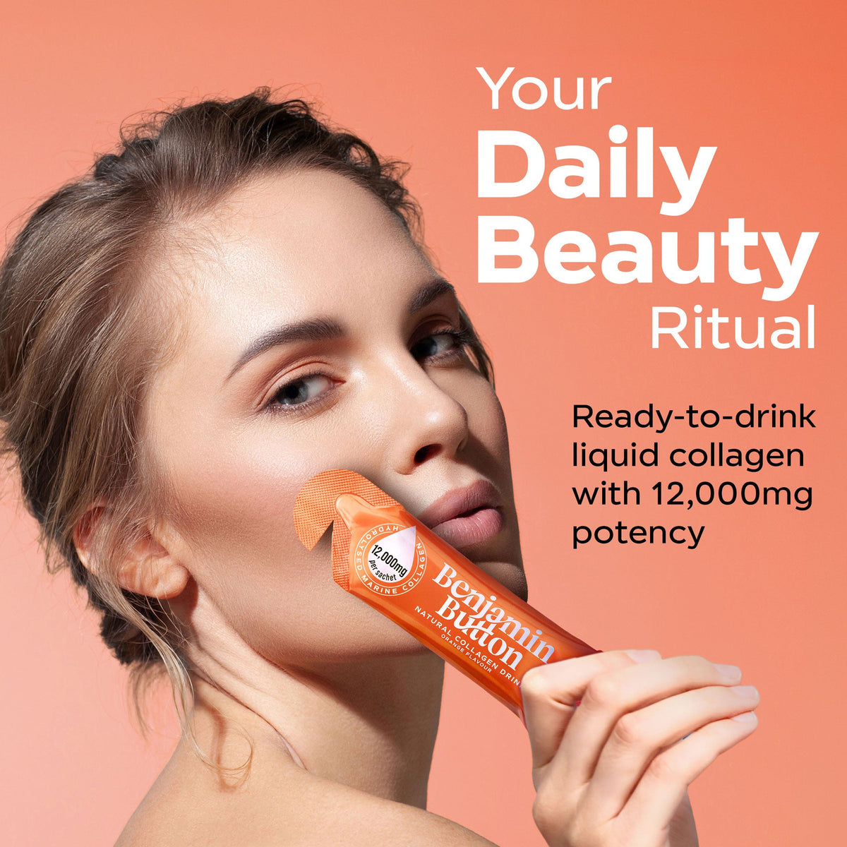 Benjamin Button Marine Collagen Drink 12,000mg – sachet held during a daily routine